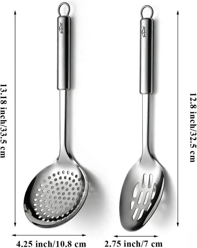 Alt view image 2 of 7 - Berglander Kitchen Skimmer Slotted Spoons for Straining 2 pcs 13", Stainless Steel Kitchen Spider Strainer Ladle Spoon for Straining Pasta/Cooking/Frying/Noodle, Metal Kitchen Utensils Pasta Spoon