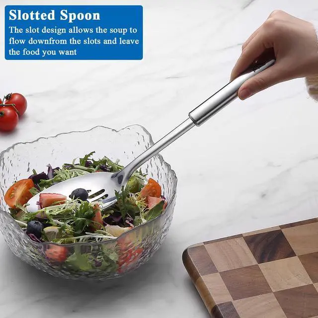 Alt view image 4 of 7 - Berglander Kitchen Skimmer Slotted Spoons for Straining 2 pcs 13", Stainless Steel Kitchen Spider Strainer Ladle Spoon for Straining Pasta/Cooking/Frying/Noodle, Metal Kitchen Utensils Pasta Spoon