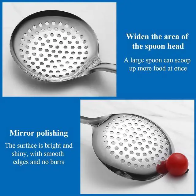 Alt view image 5 of 7 - Berglander Kitchen Skimmer Slotted Spoons for Straining 2 pcs 13", Stainless Steel Kitchen Spider Strainer Ladle Spoon for Straining Pasta/Cooking/Frying/Noodle, Metal Kitchen Utensils Pasta Spoon
