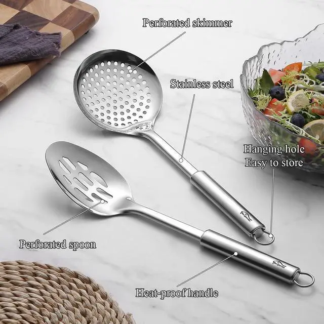 Alt view image 6 of 7 - Berglander Kitchen Skimmer Slotted Spoons for Straining 2 pcs 13", Stainless Steel Kitchen Spider Strainer Ladle Spoon for Straining Pasta/Cooking/Frying/Noodle, Metal Kitchen Utensils Pasta Spoon
