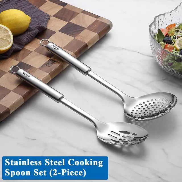 Alt view image 3 of 7 - Berglander Kitchen Skimmer Slotted Spoons for Straining 2 pcs 13", Stainless Steel Kitchen Spider Strainer Ladle Spoon for Straining Pasta/Cooking/Frying/Noodle, Metal Kitchen Utensils Pasta Spoon