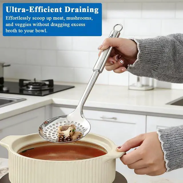 Alt view image 7 of 7 - Berglander Kitchen Skimmer Slotted Spoons for Straining 2 pcs 13", Stainless Steel Kitchen Spider Strainer Ladle Spoon for Straining Pasta/Cooking/Frying/Noodle, Metal Kitchen Utensils Pasta Spoon