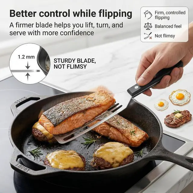 Alt view image 3 of 7 - Fish Spatula, 12" Stainless Steel Slotted Turner for Cast Iron & Griddle