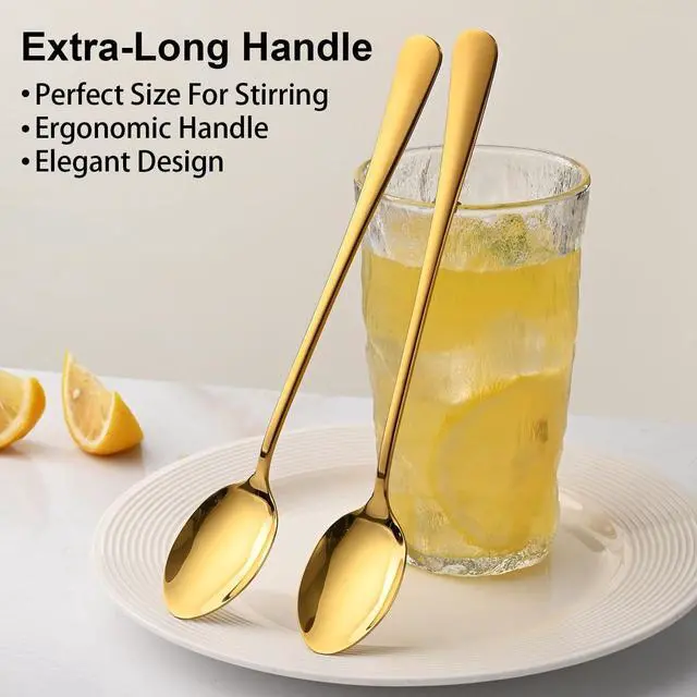 Alt view image 4 of 7 - 7.5 Inch Gold Iced Tea Spoons,Set Of 8 Stainless Steel Long Coffee Spoons,Long Handle Stirring Spoon For Dessert,Coctails,Ice Cream,Milk,Iced Teaspoons For Bar