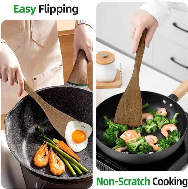 Alt view image 2 of 7 - Ecavria 2PCS Wooden Spatula, 12.8IN Wooden Flat Frying Spatulas, Long Handle Wood Turner for Non-Stick Cookware, Natural Wood Cooking Utensils, Healthy, Sturdy & Heat-Resistant