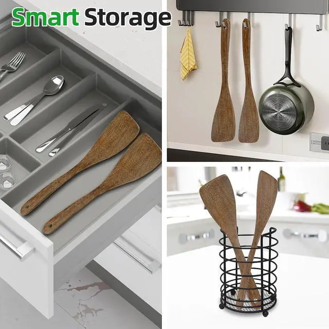 Alt view image 5 of 7 - Ecavria 2PCS Wooden Spatula, 12.8IN Wooden Flat Frying Spatulas, Long Handle Wood Turner for Non-Stick Cookware, Natural Wood Cooking Utensils, Healthy, Sturdy & Heat-Resistant