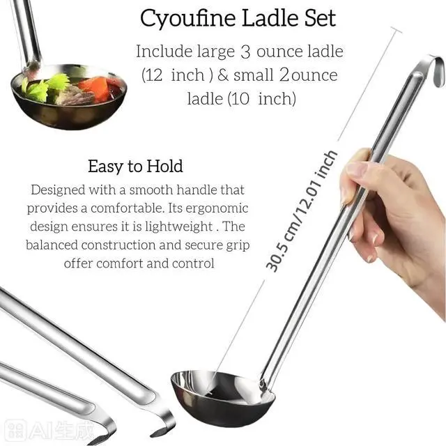 Alt view image 2 of 5 - Stainless Steel Ladle 3 & 2-Ounce 2PC, Metal Kitchen Soup Ladle Spoon 12 inch & 10 inch Cooking Utensil.