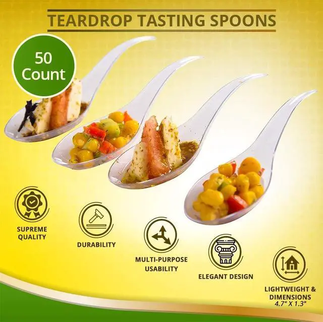 Alt view image 5 of 7 - Tear Drop Tasting Spoons - 50 Count Disposable Clear Plastic Appetizer Spoons - Ideal for Appetizers, Desserts, Dips, Sauces and More