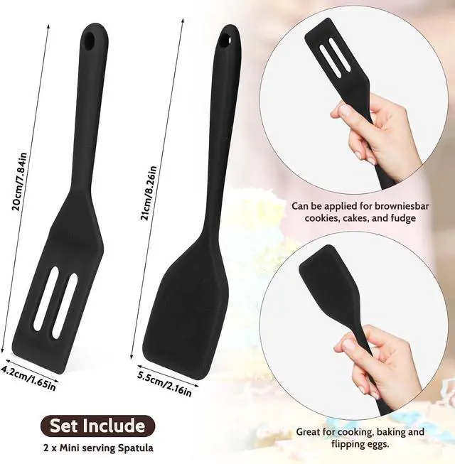 Alt view image 2 of 7 - 2 Pieces Mini Silicone Spatula, Nonstick Silicone Serve Turner, Small Spatulas for Kitchen Cooking, Heat Resistant Cookie Slotted Spatula (Black)