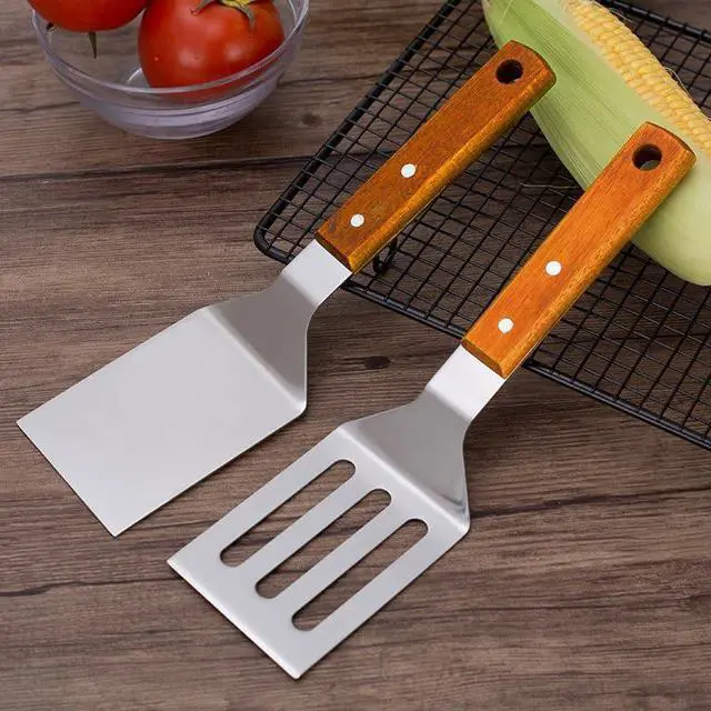 Alt view image 2 of 7 - KLAQQED 2 PCS Metal Spatula for Cast Iron Skillet, Stainless Steel Grill Spatula Slotted Turner Fish with Wood Handle Flat Top Griddle for Cooking BBQ