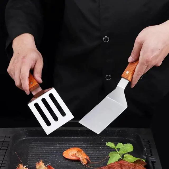 Alt view image 3 of 7 - KLAQQED 2 PCS Metal Spatula for Cast Iron Skillet, Stainless Steel Grill Spatula Slotted Turner Fish with Wood Handle Flat Top Griddle for Cooking BBQ