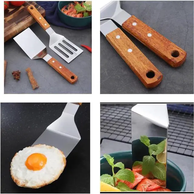 Alt view image 4 of 7 - KLAQQED 2 PCS Metal Spatula for Cast Iron Skillet, Stainless Steel Grill Spatula Slotted Turner Fish with Wood Handle Flat Top Griddle for Cooking BBQ