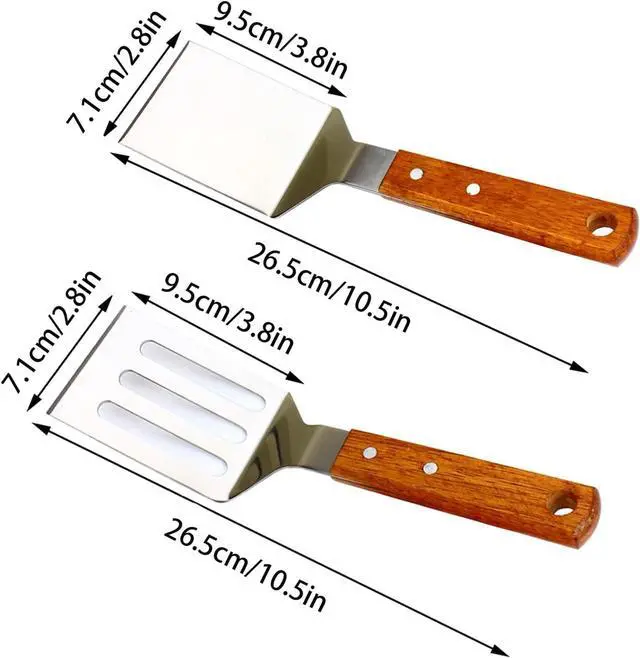 Alt view image 5 of 7 - KLAQQED 2 PCS Metal Spatula for Cast Iron Skillet, Stainless Steel Grill Spatula Slotted Turner Fish with Wood Handle Flat Top Griddle for Cooking BBQ