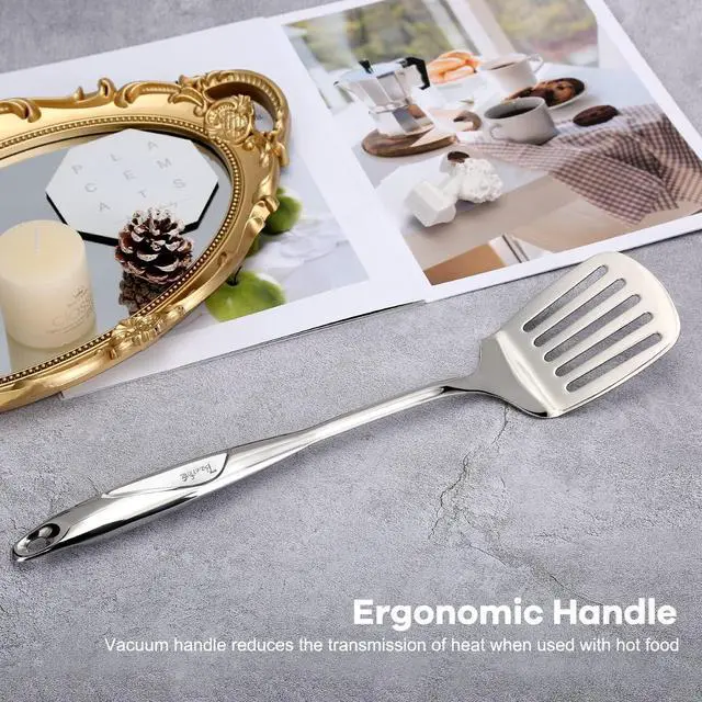Alt view image 2 of 7 - Spatula, Metal Spatula for Kitchen, Stainless Steel Slotted Turner, Hollow Handle Heat-Resistant Design, Ergonomic Dual-Handed Grip, Gift for Family