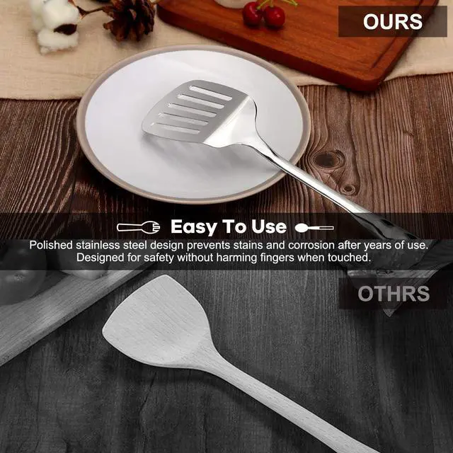 Alt view image 4 of 7 - Spatula, Metal Spatula for Kitchen, Stainless Steel Slotted Turner, Hollow Handle Heat-Resistant Design, Ergonomic Dual-Handed Grip, Gift for Family