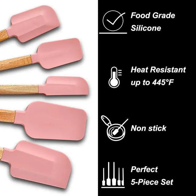 Alt view image 2 of 7 - Pink Silicone Spatula Set, Food Grade Rubber Spatula-5 Piece Nonstick Rubber Spatulas, Spoonula, Jar Scraper for Cooking, Baking, Mixing,