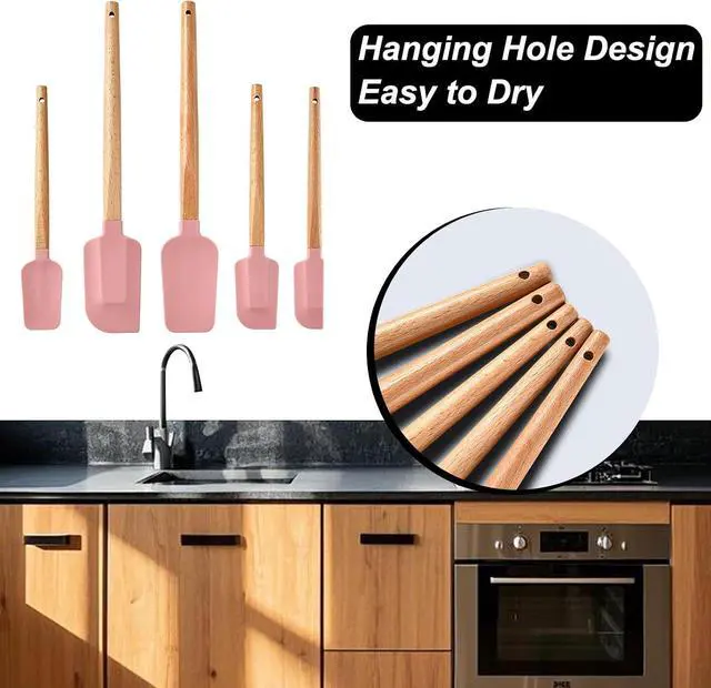 Alt view image 6 of 7 - Pink Silicone Spatula Set, Food Grade Rubber Spatula-5 Piece Nonstick Rubber Spatulas, Spoonula, Jar Scraper for Cooking, Baking, Mixing,
