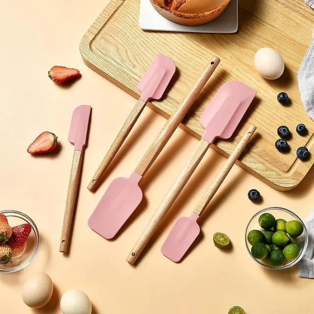 Alt view image 4 of 7 - Pink Silicone Spatula Set, Food Grade Rubber Spatula-5 Piece Nonstick Rubber Spatulas, Spoonula, Jar Scraper for Cooking, Baking, Mixing,