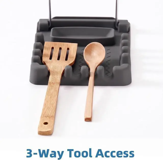Alt view image 2 of 7 - Silicone Utensil Rest with Foldable Stainless Steel Lid Holder Multi-Slot Spoon & Spatula Holder, Heat Resistant, Non-Slip Rubber Feet, Dishwasher Safe, Space-Saving Kitchen Tool-grey
