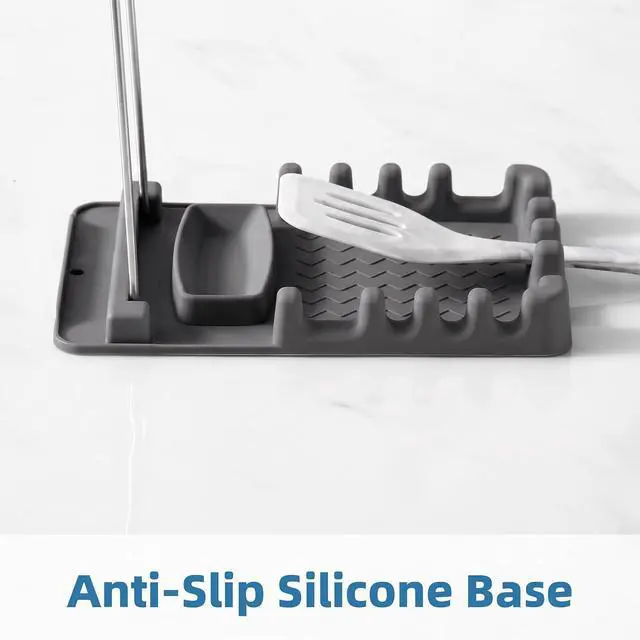 Alt view image 3 of 7 - Silicone Utensil Rest with Foldable Stainless Steel Lid Holder Multi-Slot Spoon & Spatula Holder, Heat Resistant, Non-Slip Rubber Feet, Dishwasher Safe, Space-Saving Kitchen Tool-grey