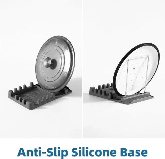 Alt view image 6 of 7 - Silicone Utensil Rest with Foldable Stainless Steel Lid Holder Multi-Slot Spoon & Spatula Holder, Heat Resistant, Non-Slip Rubber Feet, Dishwasher Safe, Space-Saving Kitchen Tool-grey