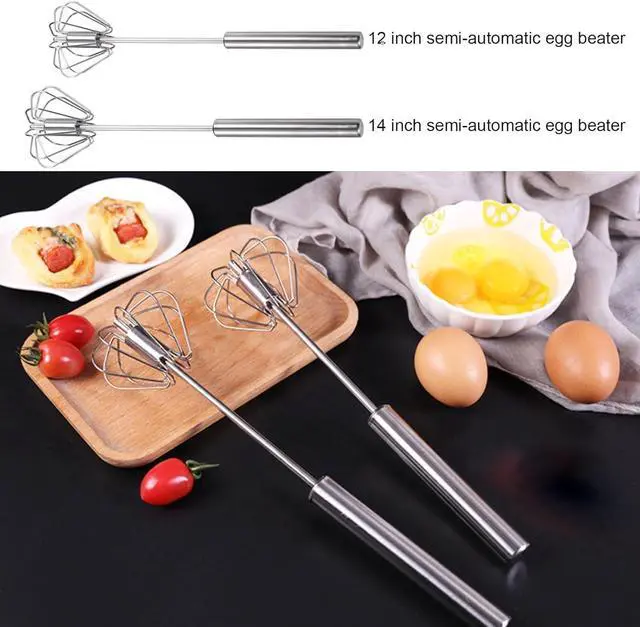 Alt view image 5 of 7 - Semi-automatic Whisk, Stainless Steel Egg Beater, Versatile Milk Frother, Hand Push Rotary Whisks Mixer Stirrer for Blending, Whisking, Beating & Stirring (Silver 12+14in)