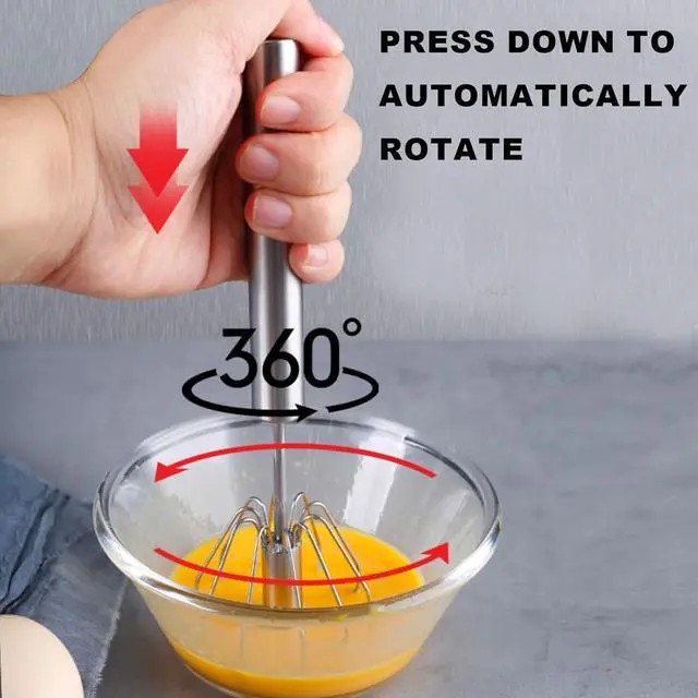 Alt view image 4 of 7 - Semi-automatic Whisk, Stainless Steel Egg Beater, Versatile Milk Frother, Hand Push Rotary Whisks Mixer Stirrer for Blending, Whisking, Beating & Stirring (Silver 12+14in)