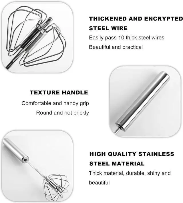 Alt view image 6 of 7 - Semi-automatic Whisk, Stainless Steel Egg Beater, Versatile Milk Frother, Hand Push Rotary Whisks Mixer Stirrer for Blending, Whisking, Beating & Stirring (Silver 12+14in)