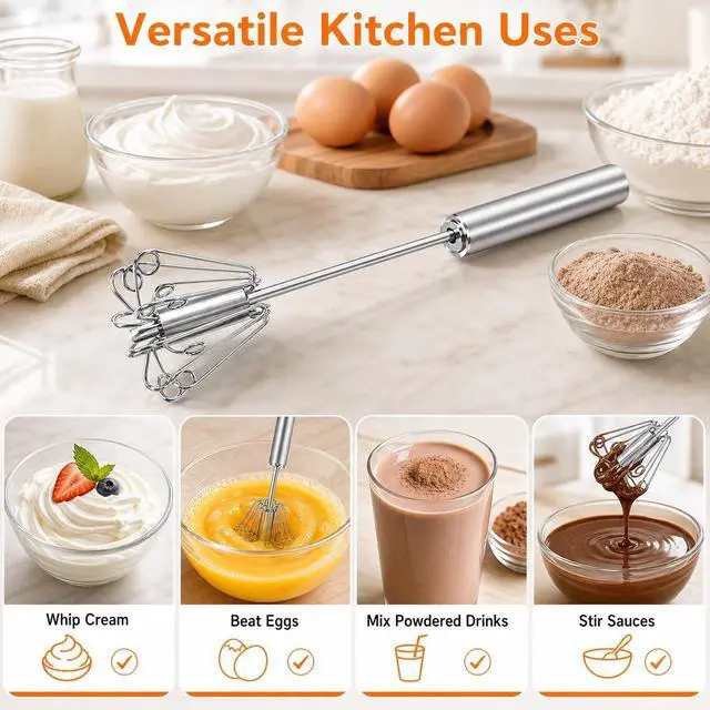 Alt view image 4 of 7 - Qukaka Hand mixer egg beater,stainless steel semi automatic whisk,egg spinner,wisking tool,whipped cream dispenser,easy whisks for cooking,Beating&Stirring(12in)