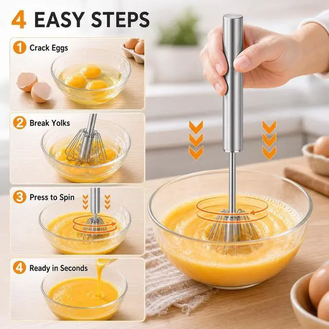 Alt view image 3 of 7 - Qukaka Hand mixer egg beater,stainless steel semi automatic whisk,egg spinner,wisking tool,whipped cream dispenser,easy whisks for cooking,Beating&Stirring(12in)