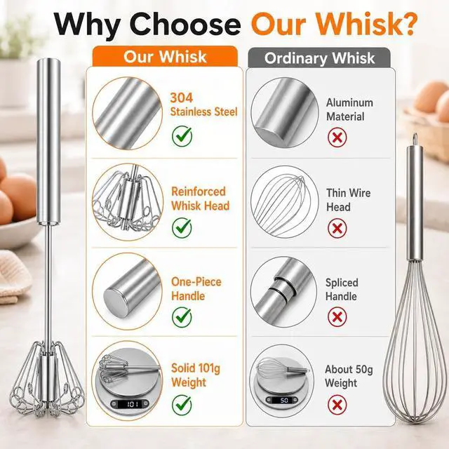 Alt view image 6 of 7 - Qukaka Hand mixer egg beater,stainless steel semi automatic whisk,egg spinner,wisking tool,whipped cream dispenser,easy whisks for cooking,Beating&Stirring(12in)