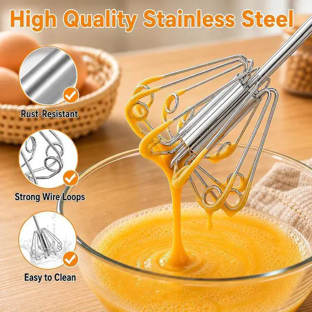 Alt view image 7 of 7 - Qukaka Hand mixer egg beater,stainless steel semi automatic whisk,egg spinner,wisking tool,whipped cream dispenser,easy whisks for cooking,Beating&Stirring(12in)