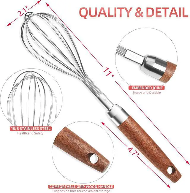 Alt view image 2 of 7 - Whisk for Cooking,Stainless Steel Wire Wooden Handle Kitchen Multi Function Non Stick Balloon Whisk Egg Beater for Blending Whisking Beating Frothing Stirring Batters (11"L x 2.1"W)