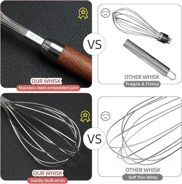 Alt view image 3 of 7 - Whisk for Cooking,Stainless Steel Wire Wooden Handle Kitchen Multi Function Non Stick Balloon Whisk Egg Beater for Blending Whisking Beating Frothing Stirring Batters (11"L x 2.1"W)