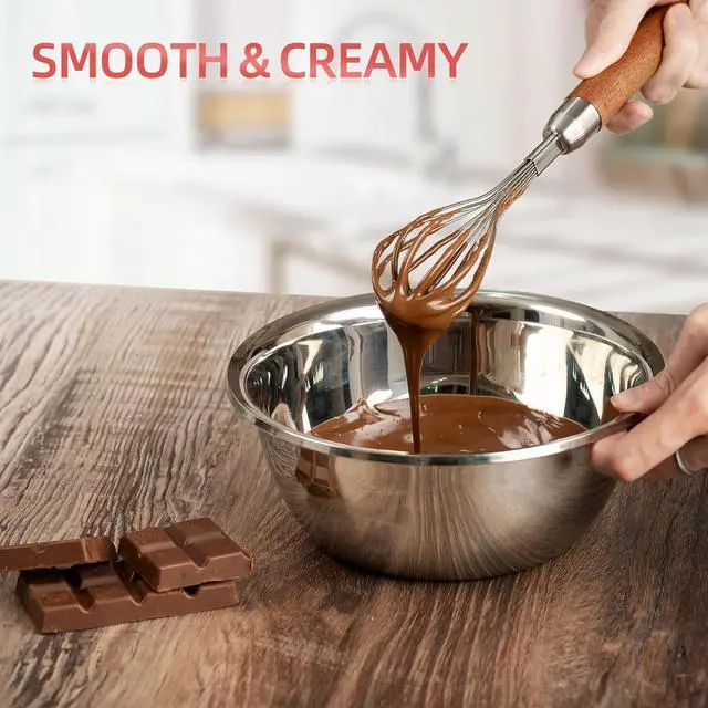 Alt view image 4 of 7 - Whisk for Cooking,Stainless Steel Wire Wooden Handle Kitchen Multi Function Non Stick Balloon Whisk Egg Beater for Blending Whisking Beating Frothing Stirring Batters (11"L x 2.1"W)