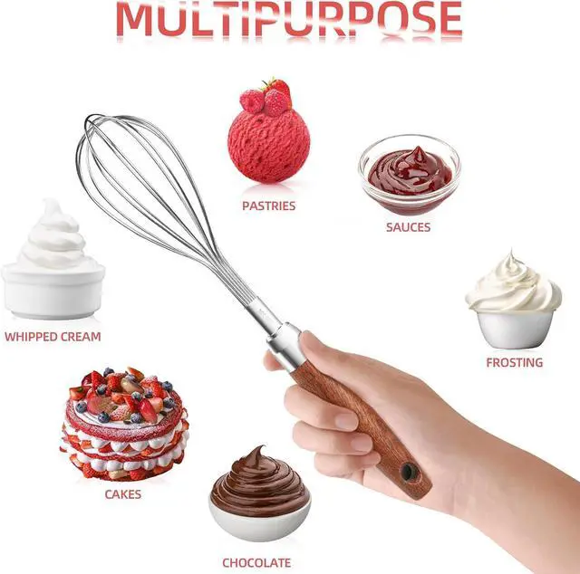 Alt view image 6 of 7 - Whisk for Cooking,Stainless Steel Wire Wooden Handle Kitchen Multi Function Non Stick Balloon Whisk Egg Beater for Blending Whisking Beating Frothing Stirring Batters (11"L x 2.1"W)