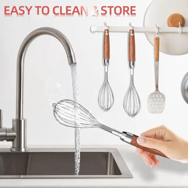 Alt view image 7 of 7 - Whisk for Cooking,Stainless Steel Wire Wooden Handle Kitchen Multi Function Non Stick Balloon Whisk Egg Beater for Blending Whisking Beating Frothing Stirring Batters (11"L x 2.1"W)