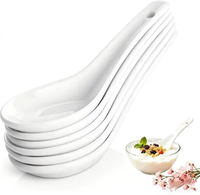 Main image of Soup Spoons Set of 6, Asian Ceramic Soup Spoons 5.3" Ramen Spoons