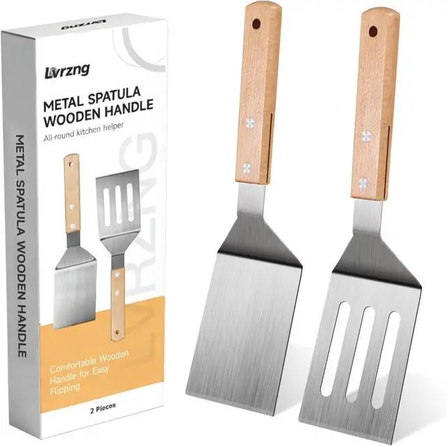 Main image of Stainless Steel Spatula Set, 2 Pcs Metal Spatulas for Kitchen Use, Professional Metal Spatula for Cast Iron Skillet with Wooden Handle, Ideal Choice for Making Desserts, Pancakes, Eggs, and BBQ