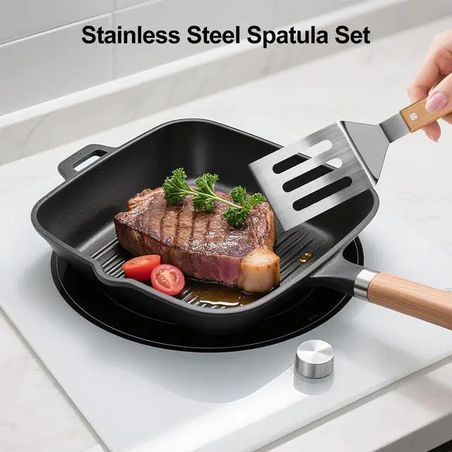 Alt view image 2 of 6 - Stainless Steel Spatula Set, 2 Pcs Metal Spatulas for Kitchen Use, Professional Metal Spatula for Cast Iron Skillet with Wooden Handle, Ideal Choice for Making Desserts, Pancakes, Eggs, and BBQ