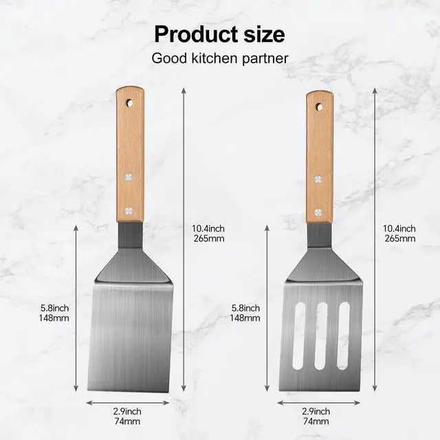 Alt view image 3 of 6 - Stainless Steel Spatula Set, 2 Pcs Metal Spatulas for Kitchen Use, Professional Metal Spatula for Cast Iron Skillet with Wooden Handle, Ideal Choice for Making Desserts, Pancakes, Eggs, and BBQ
