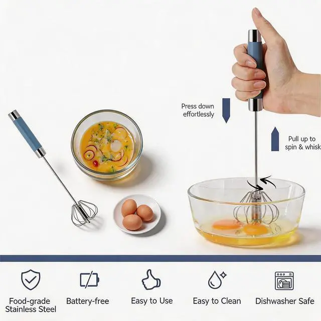 Alt view image 2 of 7 - 2 Pack Semi Automatic Whisk, Stainless Steel Mini Hand Push Whisks for Cooking, Easy to Use Hand Mixer Egg Beater Wisking Tool for Cooking, Whisking, Beating, Stirring