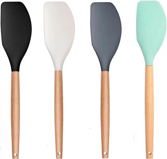 Main image of LorisArm Large Wooden Handle Spatula Set, 12" Rubber Spatula 4-Pack Nonstick Silicone Spatulas for Baking Cooking and Mixing, Jar Scraper (Grey, Green, White, Black).