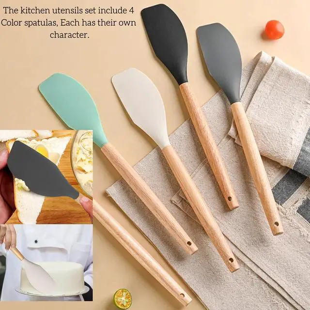 Alt view image 4 of 5 - LorisArm Large Wooden Handle Spatula Set, 12" Rubber Spatula 4-Pack Nonstick Silicone Spatulas for Baking Cooking and Mixing, Jar Scraper (Grey, Green, White, Black).