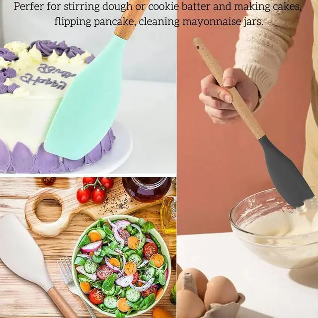 Alt view image 5 of 5 - LorisArm Large Wooden Handle Spatula Set, 12" Rubber Spatula 4-Pack Nonstick Silicone Spatulas for Baking Cooking and Mixing, Jar Scraper (Grey, Green, White, Black).