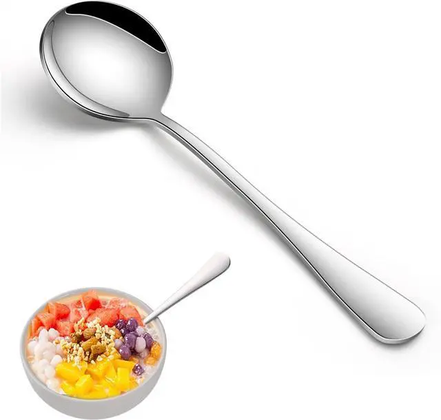 Main image of Round Soup Spoons Set of 8, 7.4 Inch Classic Metal Kitchen Silverware Spoons, Mirror Polished Stainless Steel Spoons for Cereal, Dessert