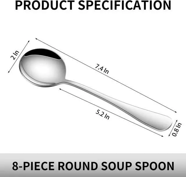 Alt view image 2 of 6 - Round Soup Spoons Set of 8, 7.4 Inch Classic Metal Kitchen Silverware Spoons, Mirror Polished Stainless Steel Spoons for Cereal, Dessert
