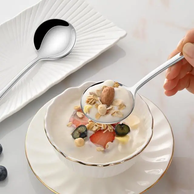 Alt view image 5 of 6 - Round Soup Spoons Set of 8, 7.4 Inch Classic Metal Kitchen Silverware Spoons, Mirror Polished Stainless Steel Spoons for Cereal, Dessert