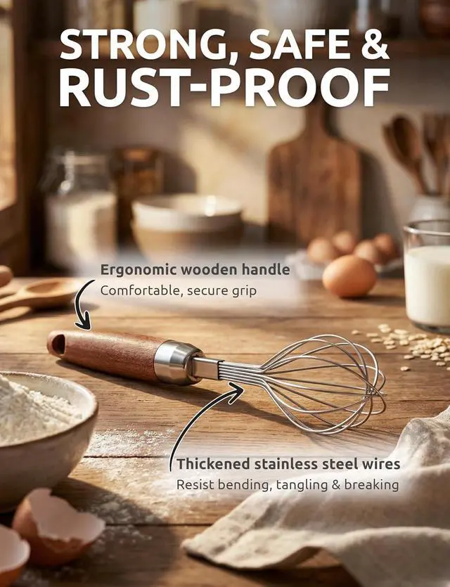 Alt view image 4 of 7 - DUGATO Mini Egg Whisk 10 in, Stainless Steel with Wood Handle