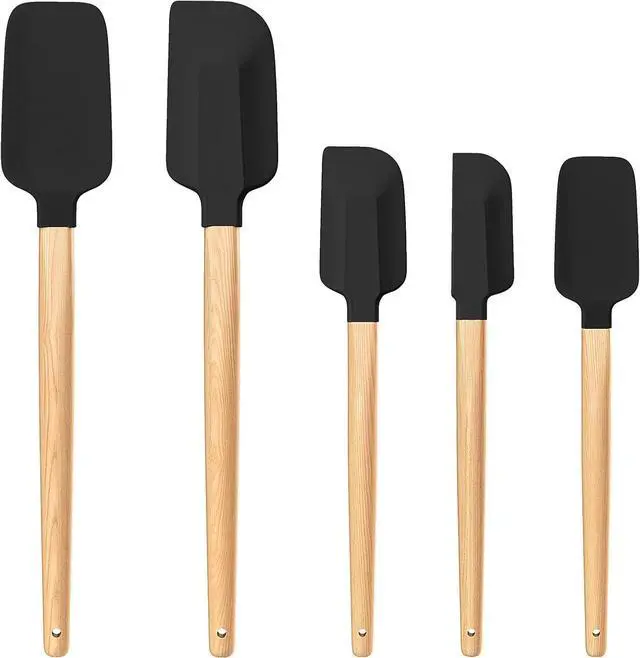 Main image of Wooden Handle Silicone Rubber Spatula Set 5 Piece for Kitchen Baking, Jars,Cooking, and Mixing High Heat Resistant Non Stick Dishwasher Safe BPA-Free (Black)
